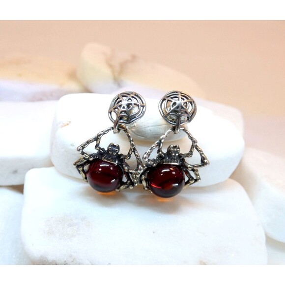 Artisan Sterling Silver Baltic Amber Spider Dangle Earrings Halloween - Picture 2 of 6